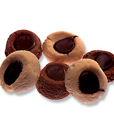Baci, which is Italian for 'kiss', are vanilla or chocolate cookies with a dollop of chocolate in the center.